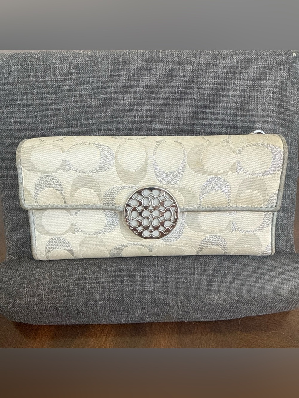 Coach Cream Signature Jacquard Clutch with Silver-Tone Medallion